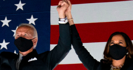 Joe Biden and running mate Kamala Harris celebrate after the final night of the Democratic National Convention. Photo courtesy of the Associated Press